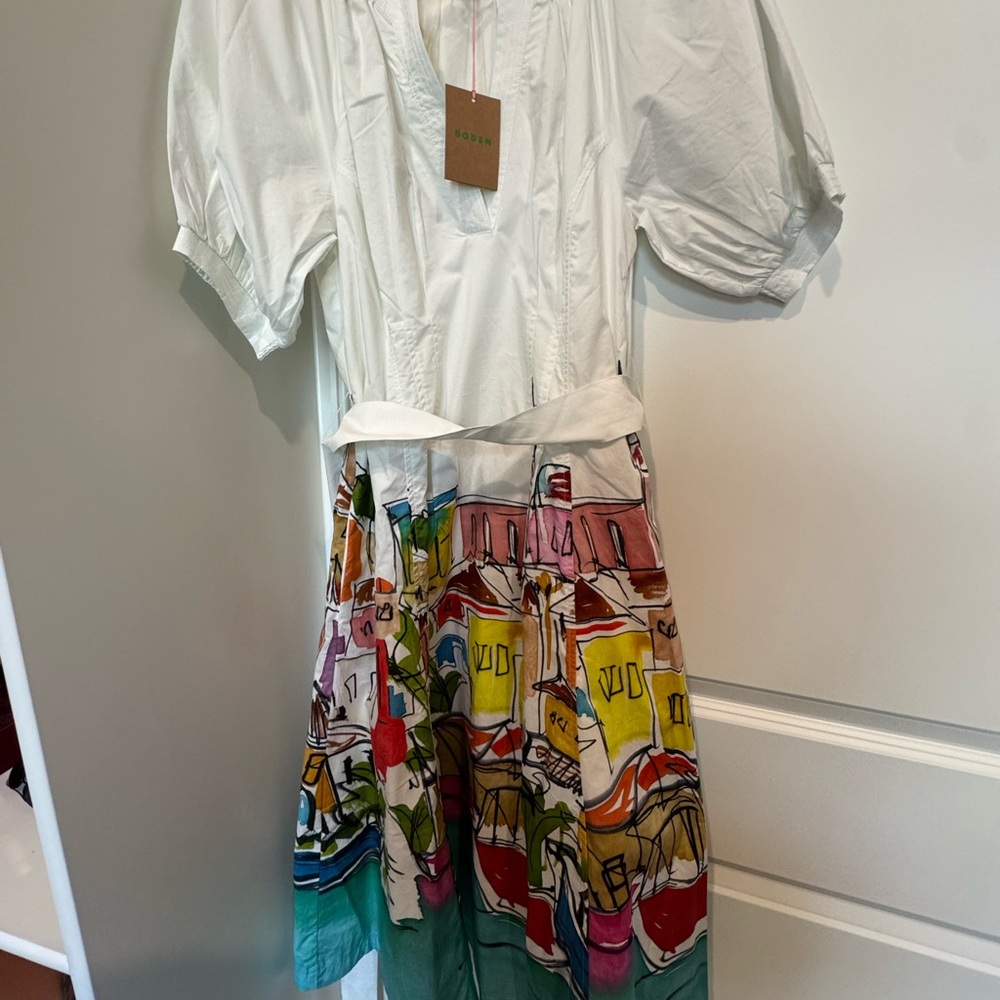 Boden White Cotton A-Line Dress with Multicolor Scenic Print